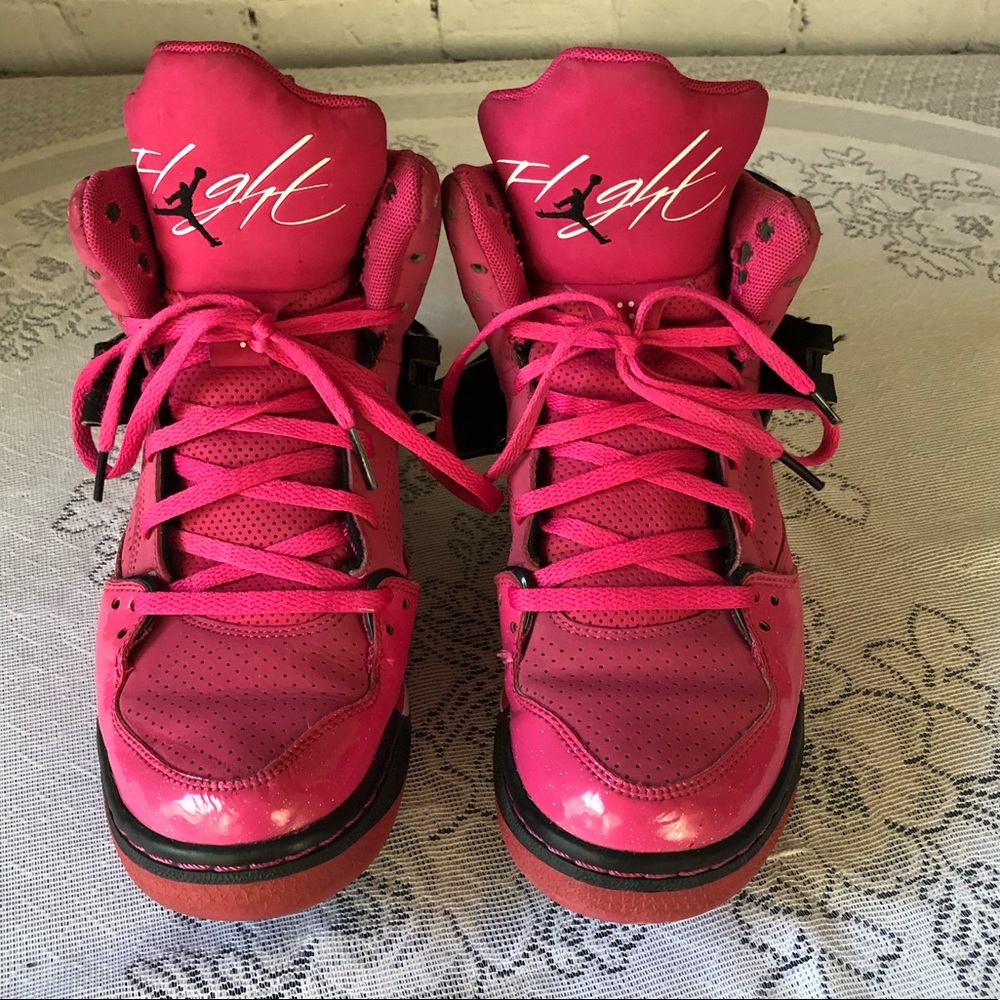 SHOES - Youth's Nike Air Jordan Flight 45 High Premium GS Shoe in Vivid Pink.